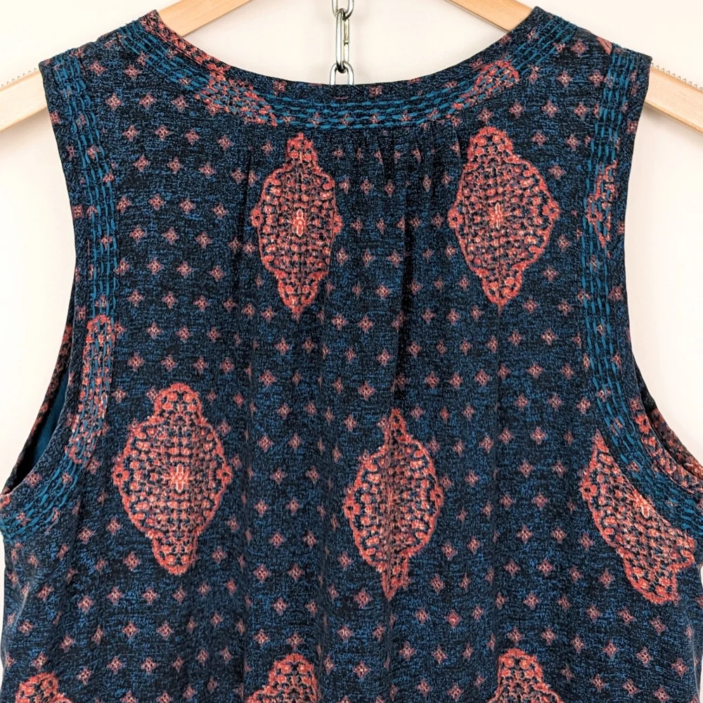 Lucky Brand Tank Dress Drawstring Waist Button Front Medallion Print Blue Pink S